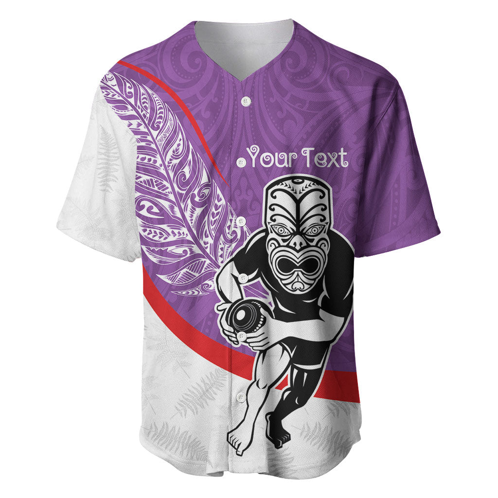 Personalised Aotearoa Lawn Bowls Baseball Jersey Maori Warrior and Silver Fern Sporty Style Purple LT03 Purple - Polynesian Pride