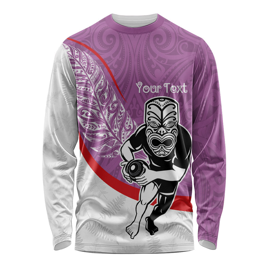 Personalised Aotearoa Lawn Bowls Long Sleeve Shirt Maori Warrior and Silver Fern Sporty Style Pink LT03 Unisex Pink - Polynesian Pride