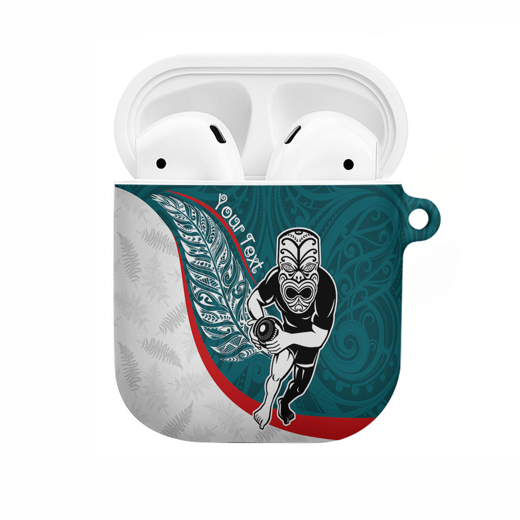 Personalised Aotearoa Lawn Bowls AirPods Case Maori Warrior and Silver Fern Sporty Style Teal