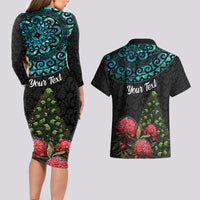 Personalized New Zealand Christmas Couples Matching Long Sleeve Bodycon Dress and Hawaiian Shirt Maori Santa Pikorua and Pohutukawa Meri Kirihimete LT03 - Polynesian Pride