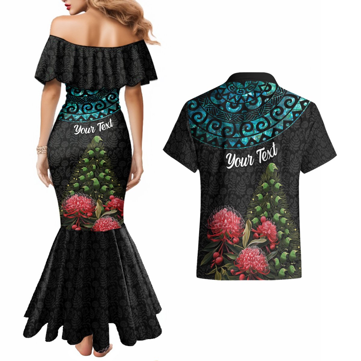 Personalized New Zealand Christmas Couples Matching Mermaid Dress and Hawaiian Shirt Maori Santa Pikorua and Pohutukawa Meri Kirihimete LT03 - Polynesian Pride