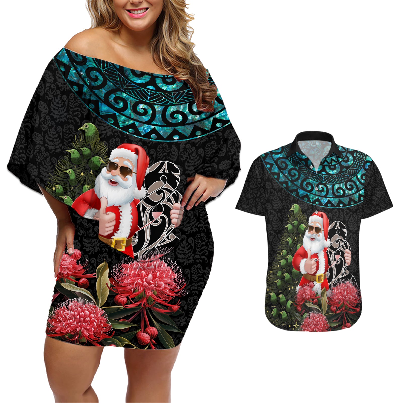 Personalized New Zealand Christmas Couples Matching Off Shoulder Short Dress and Hawaiian Shirt Maori Santa Pikorua and Pohutukawa Meri Kirihimete LT03 Black - Polynesian Pride
