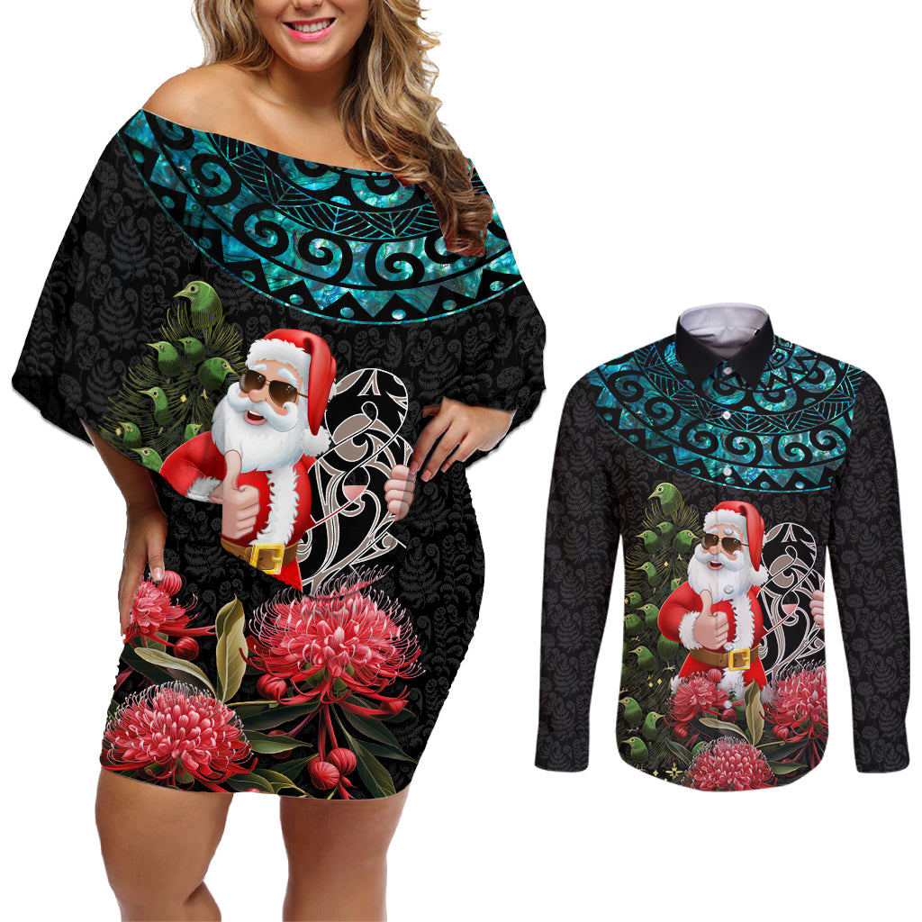 Personalized New Zealand Christmas Couples Matching Off Shoulder Short Dress and Long Sleeve Button Shirt Maori Santa Pikorua and Pohutukawa Meri Kirihimete LT03 Black - Polynesian Pride