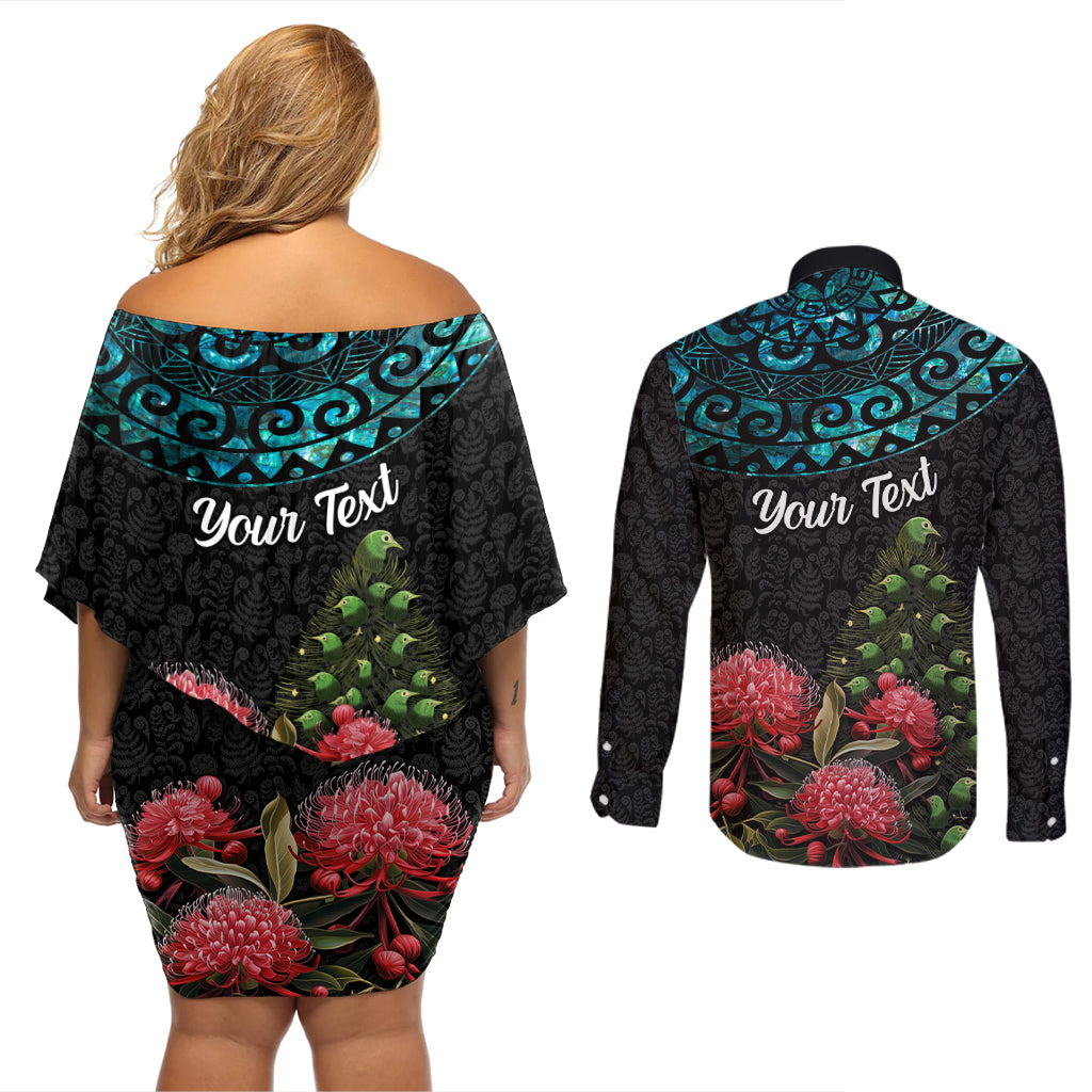 Personalized New Zealand Christmas Couples Matching Off Shoulder Short Dress and Long Sleeve Button Shirt Maori Santa Pikorua and Pohutukawa Meri Kirihimete LT03 - Polynesian Pride