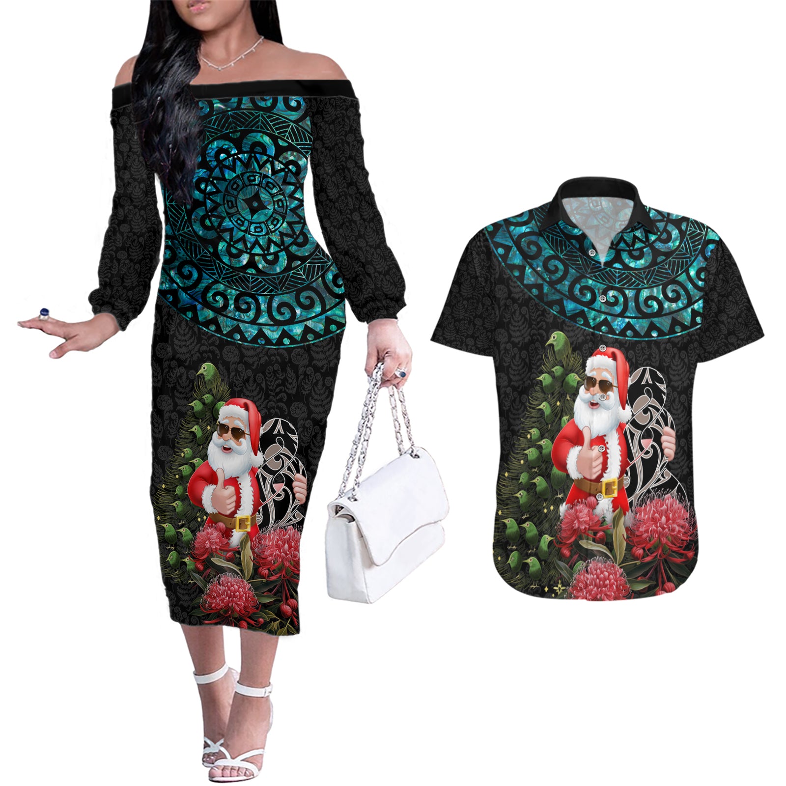 Personalized New Zealand Christmas Couples Matching Off The Shoulder Long Sleeve Dress and Hawaiian Shirt Maori Santa Pikorua and Pohutukawa Meri Kirihimete LT03 Black - Polynesian Pride