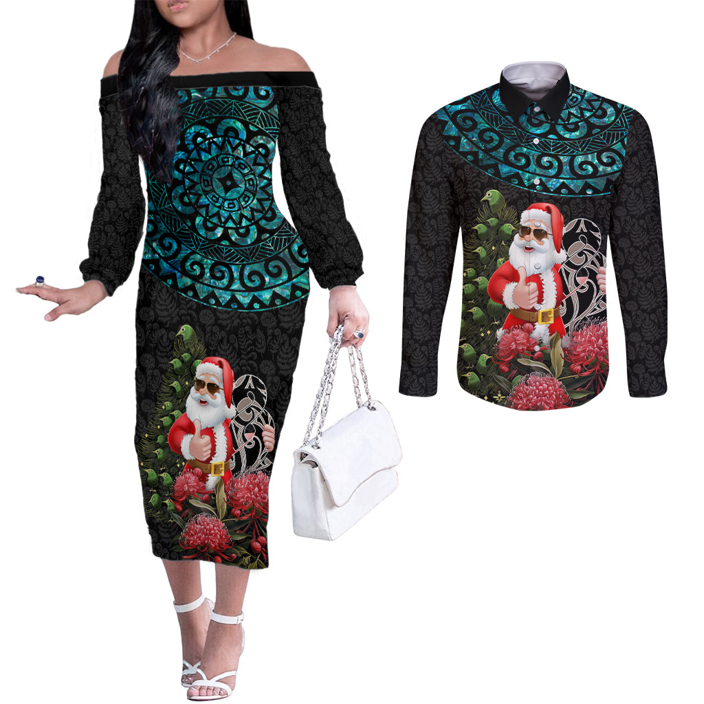 Personalized New Zealand Christmas Couples Matching Off The Shoulder Long Sleeve Dress and Long Sleeve Button Shirt Maori Santa Pikorua and Pohutukawa Meri Kirihimete LT03 Black - Polynesian Pride