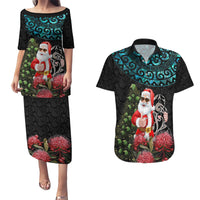 Personalized New Zealand Christmas Couples Matching Puletasi Dress and Hawaiian Shirt Maori Santa Pikorua and Pohutukawa Meri Kirihimete LT03 Black - Polynesian Pride