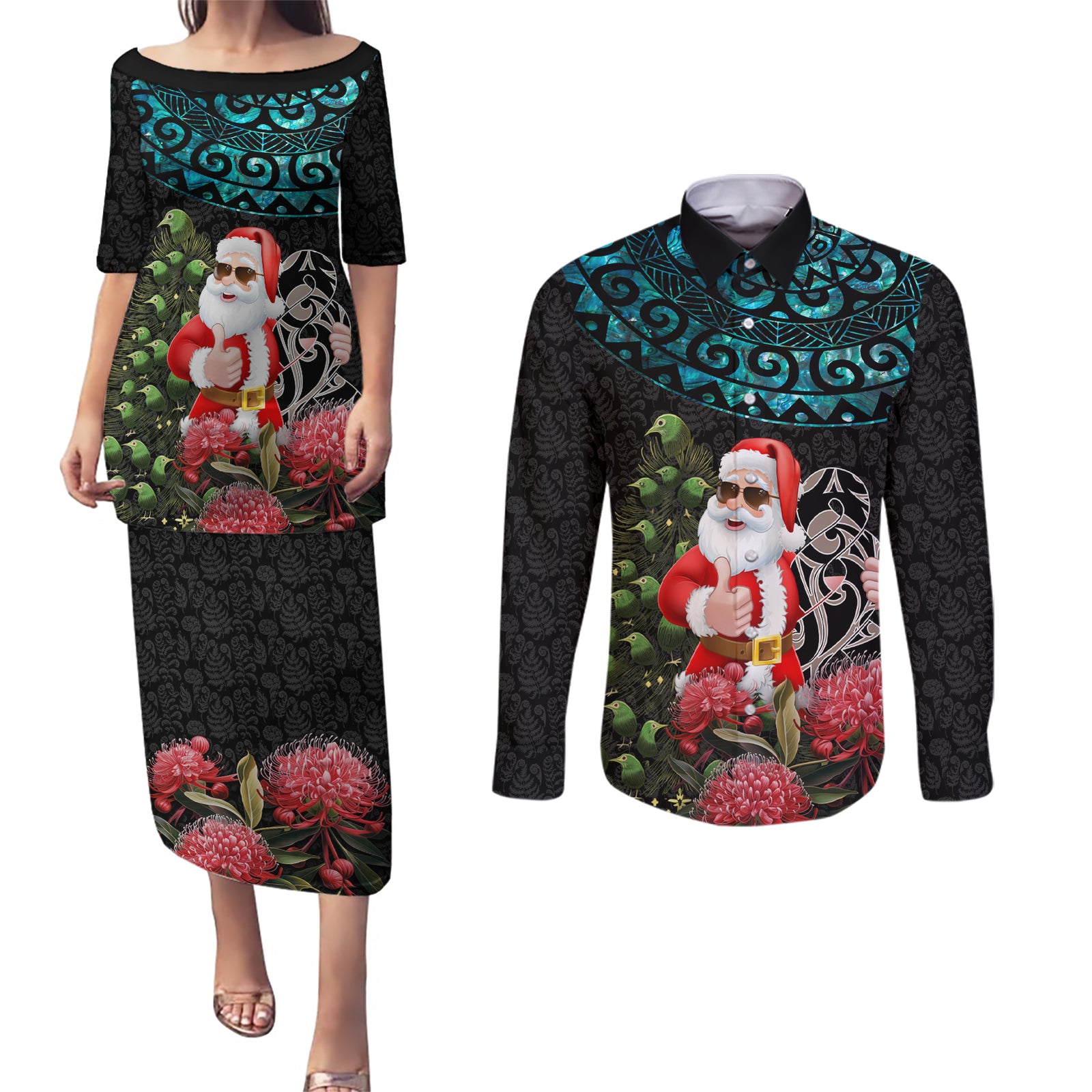 Personalized New Zealand Christmas Couples Matching Puletasi Dress and Long Sleeve Button Shirt Maori Santa Pikorua and Pohutukawa Meri Kirihimete LT03 Black - Polynesian Pride
