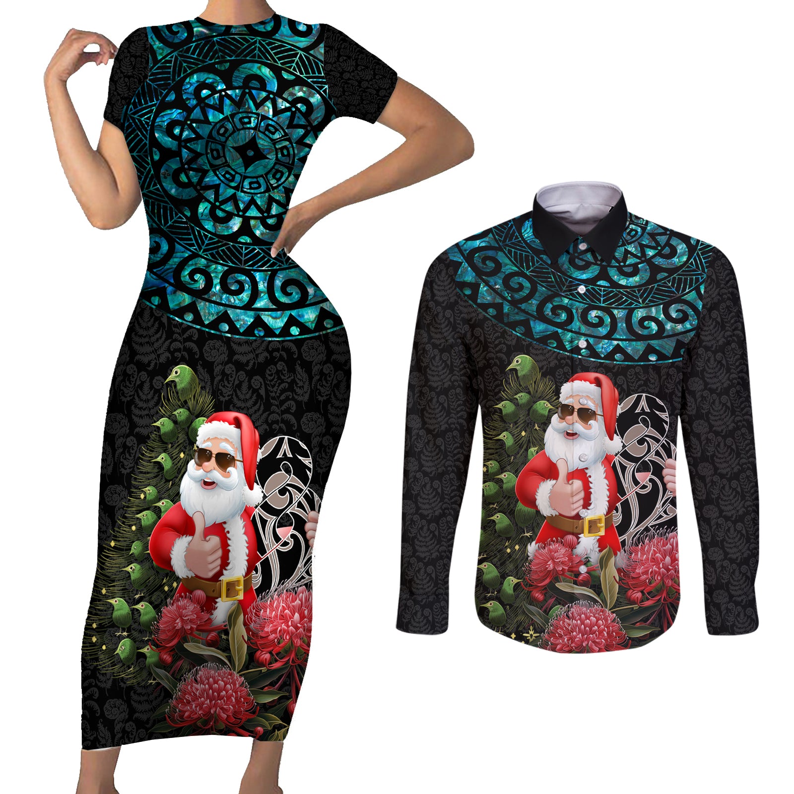 Personalized New Zealand Christmas Couples Matching Short Sleeve Bodycon Dress and Long Sleeve Button Shirt Maori Santa Pikorua and Pohutukawa Meri Kirihimete LT03 Black - Polynesian Pride