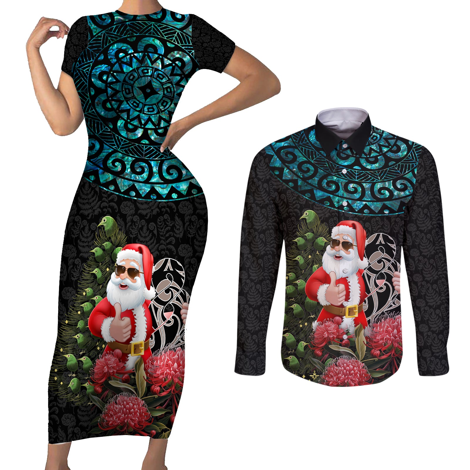 Personalized New Zealand Christmas Couples Matching Short Sleeve Bodycon Dress and Long Sleeve Button Shirt Maori Santa Pikorua and Pohutukawa Meri Kirihimete LT03 Black - Polynesian Pride