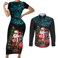 Personalized New Zealand Christmas Couples Matching Short Sleeve Bodycon Dress and Long Sleeve Button Shirt Maori Santa Pikorua and Pohutukawa Meri Kirihimete LT03 Black - Polynesian Pride