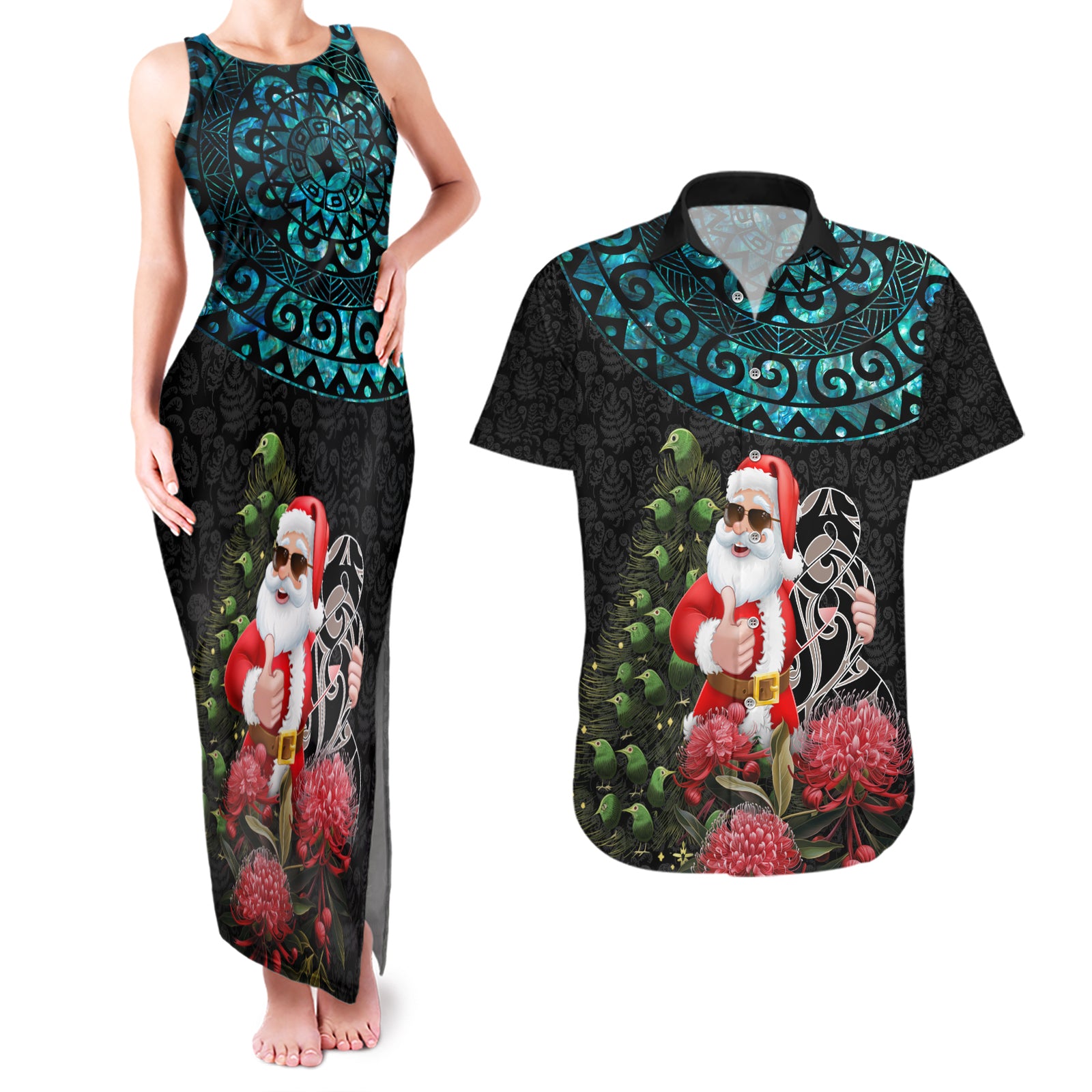 Personalized New Zealand Christmas Couples Matching Tank Maxi Dress and Hawaiian Shirt Maori Santa Pikorua and Pohutukawa Meri Kirihimete LT03 Black - Polynesian Pride