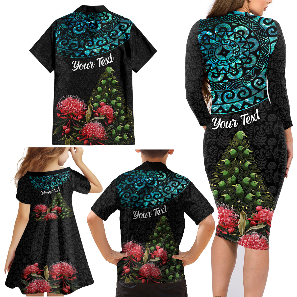 Personalized New Zealand Christmas Family Matching Long Sleeve Bodycon Dress and Hawaiian Shirt Maori Santa Pikorua and Pohutukawa Meri Kirihimete LT03 - Polynesian Pride