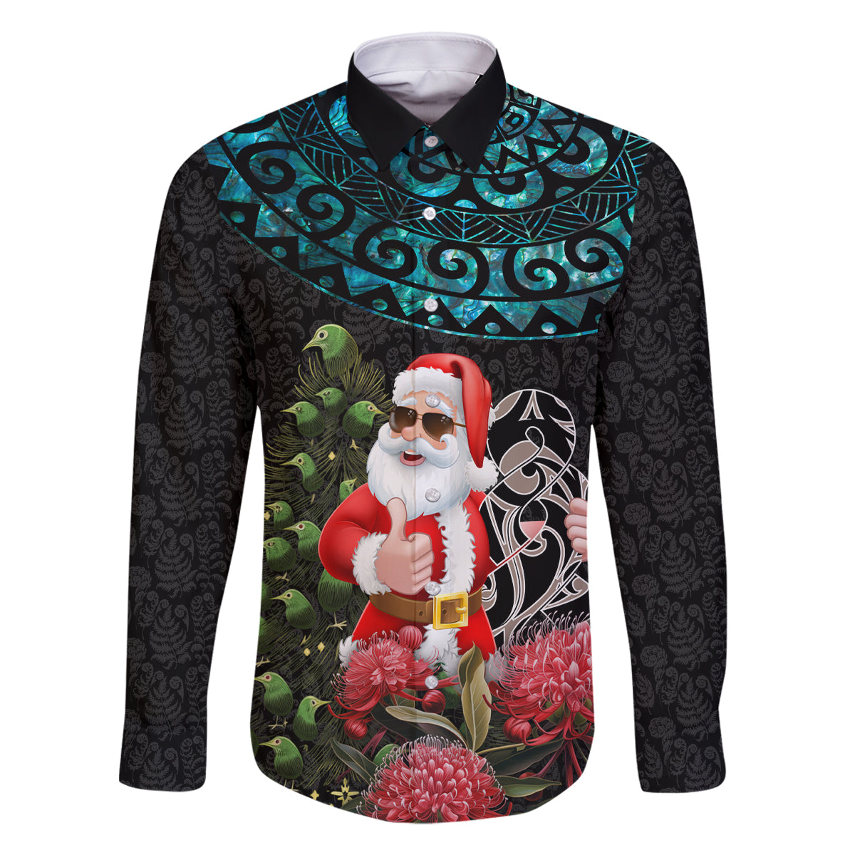 Personalized New Zealand Christmas Family Matching Off Shoulder Long Sleeve Dress and Hawaiian Shirt Maori Santa Pikorua and Pohutukawa Meri Kirihimete LT03 Dad's Shirt - Long Sleeve Black - Polynesian Pride