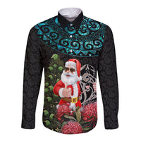 Personalized New Zealand Christmas Long Sleeve Button Shirt Maori Santa Pikorua and Pohutukawa Meri Kirihimete LT03 Unisex Black - Polynesian Pride