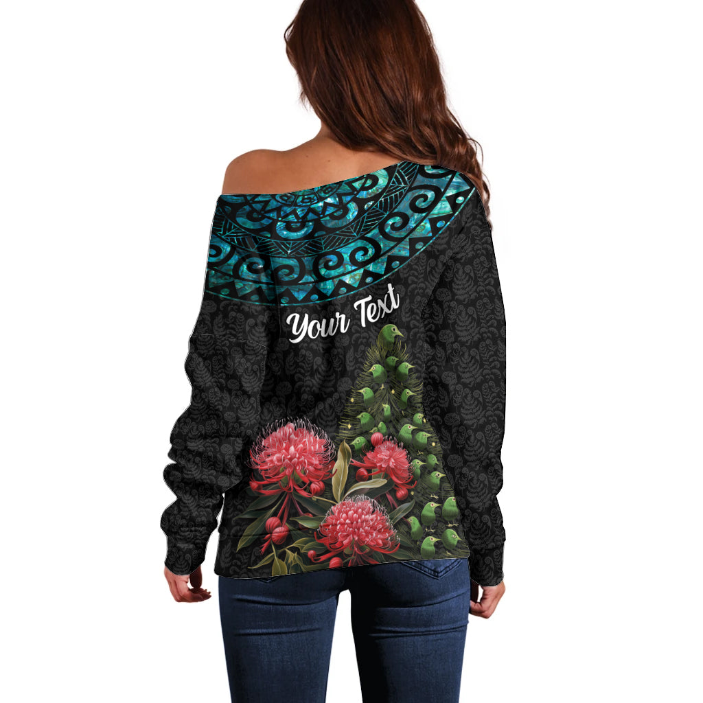Personalized New Zealand Christmas Off Shoulder Sweater Maori Santa Pikorua and Pohutukawa Meri Kirihimete LT03 - Polynesian Pride