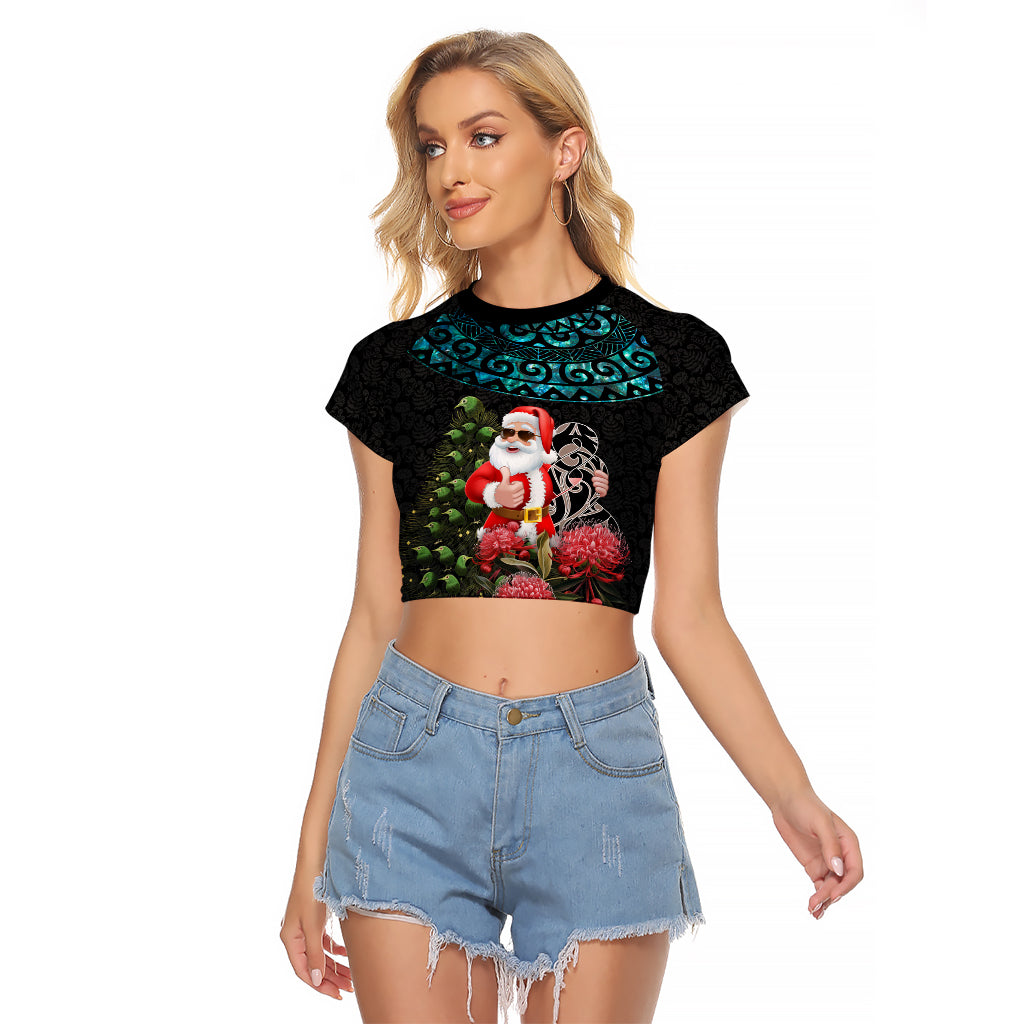 Personalized New Zealand Christmas Raglan Cropped T Shirt Maori Santa Pikorua and Pohutukawa Meri Kirihimete LT03 Female Black - Polynesian Pride