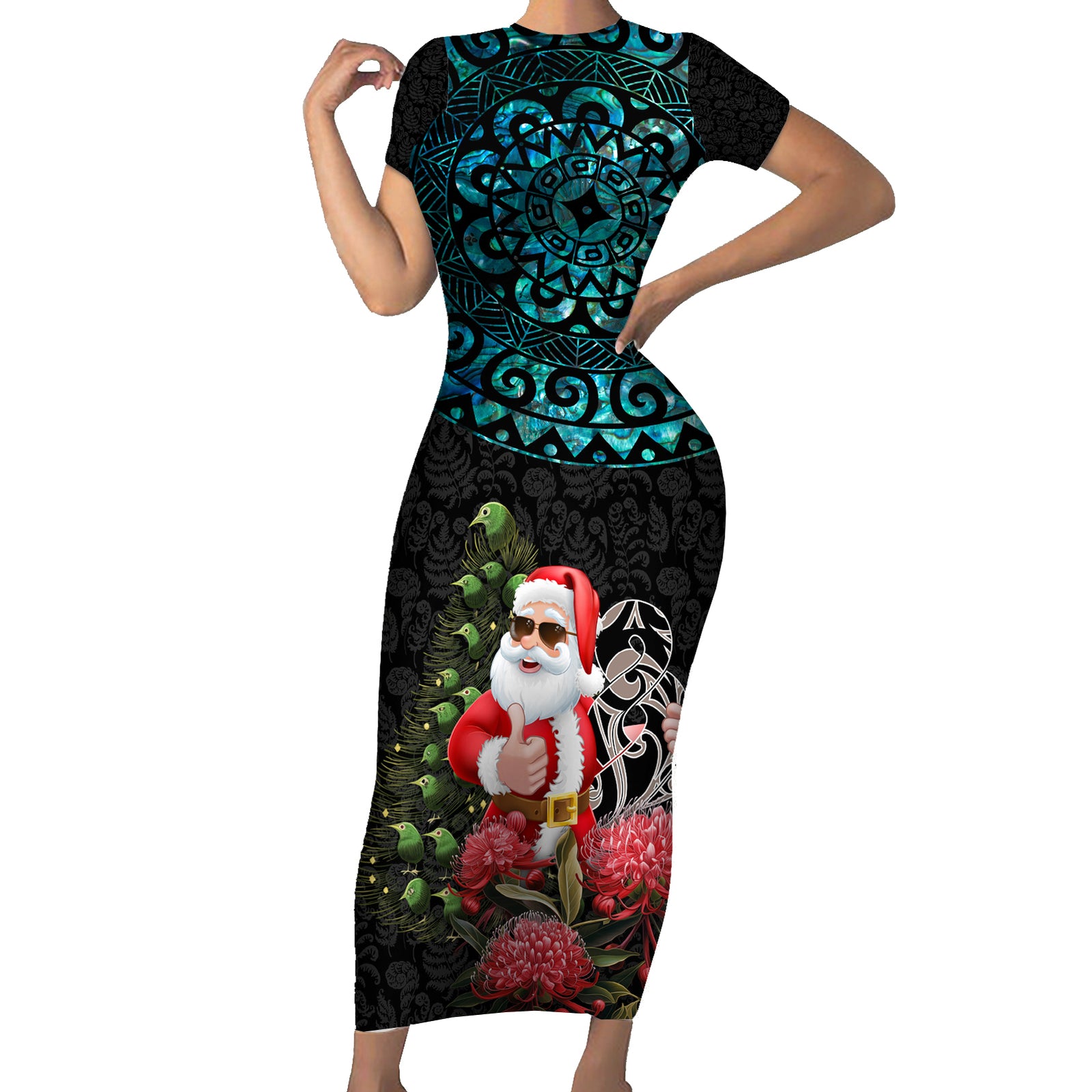 Personalized New Zealand Christmas Short Sleeve Bodycon Dress Maori Santa Pikorua and Pohutukawa Meri Kirihimete LT03 Long Dress Black - Polynesian Pride