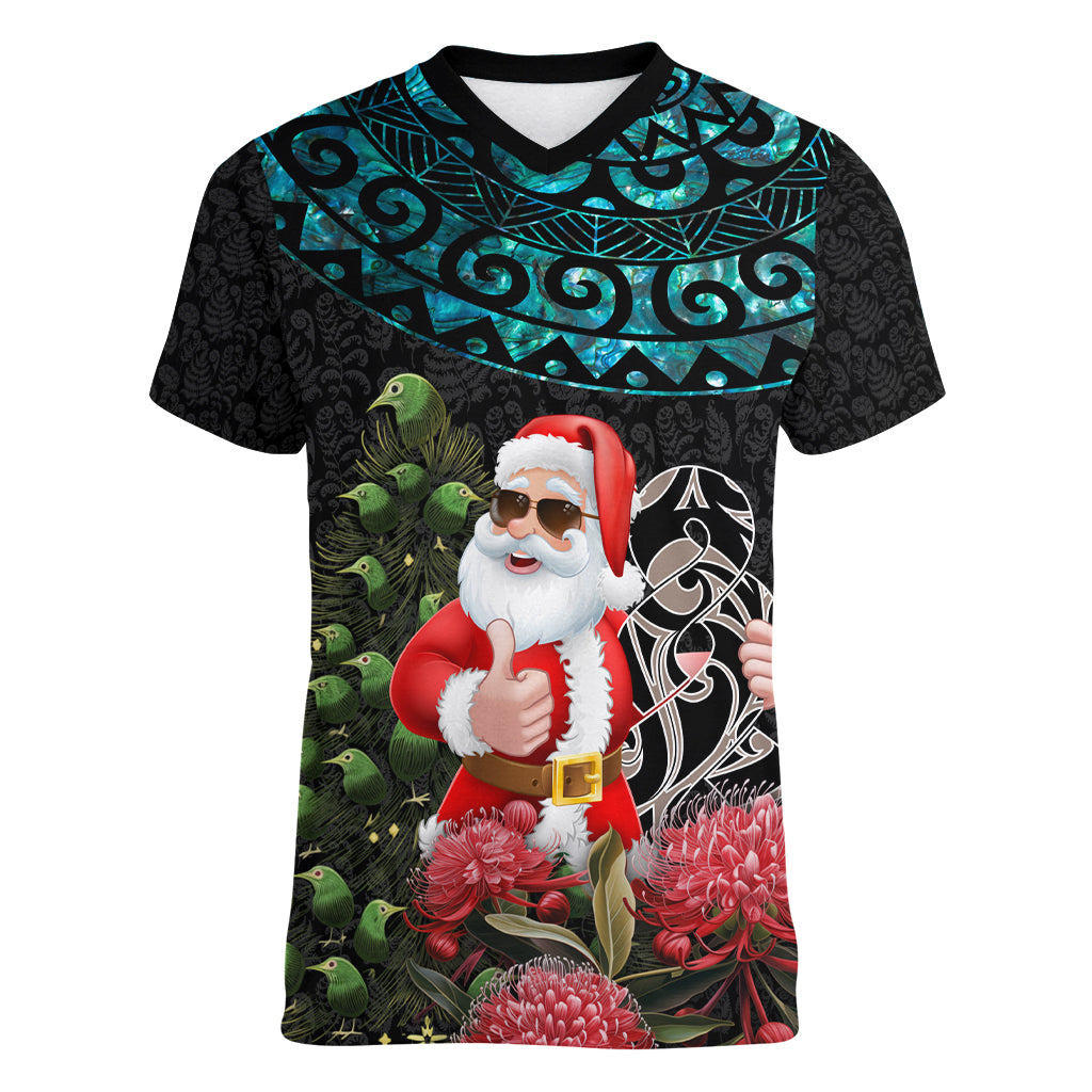 Personalized New Zealand Christmas Women V Neck T Shirt Maori Santa Pikorua and Pohutukawa Meri Kirihimete LT03 Female Black - Polynesian Pride