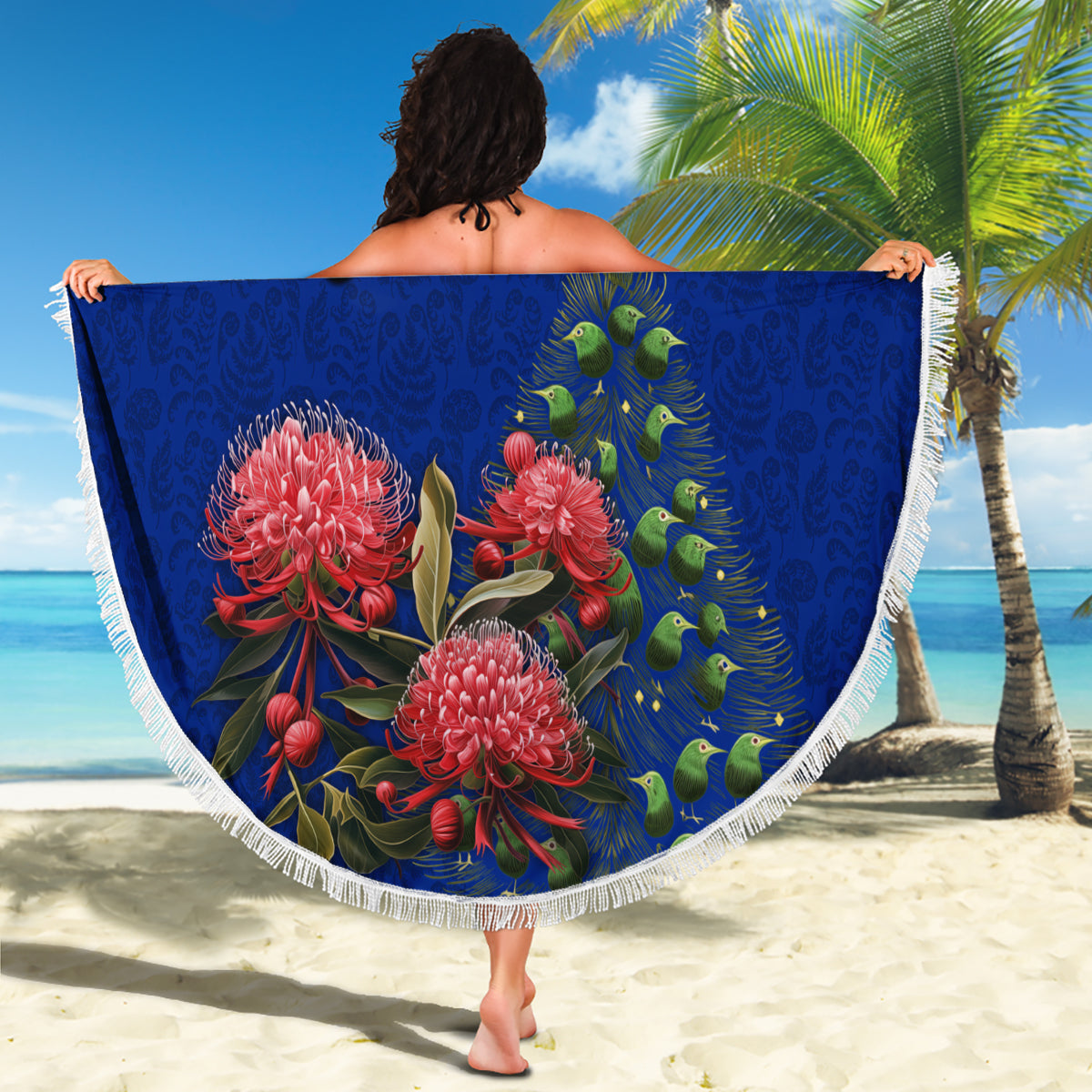 Personalized New Zealand Christmas Beach Blanket Maori Santa Pikorua and Pohutukawa Meri Kirihimete Blue LT03 - Polynesian Pride