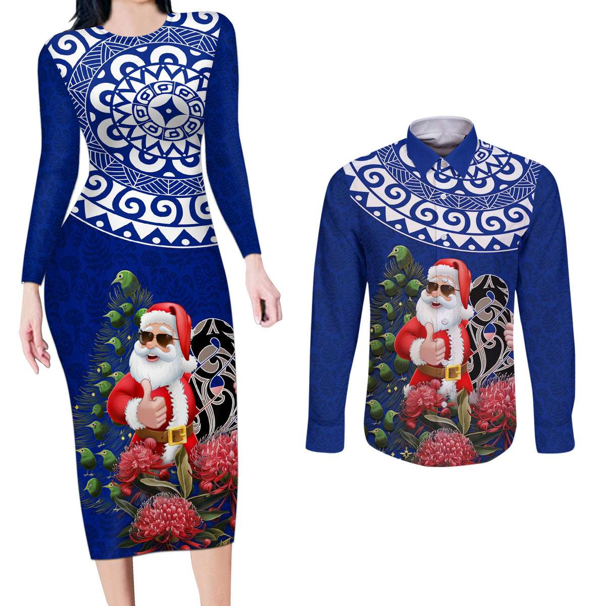 Personalized New Zealand Christmas Couples Matching Long Sleeve Bodycon Dress and Long Sleeve Button Shirt Maori Santa Pikorua and Pohutukawa Meri Kirihimete Blue LT03 Blue - Polynesian Pride