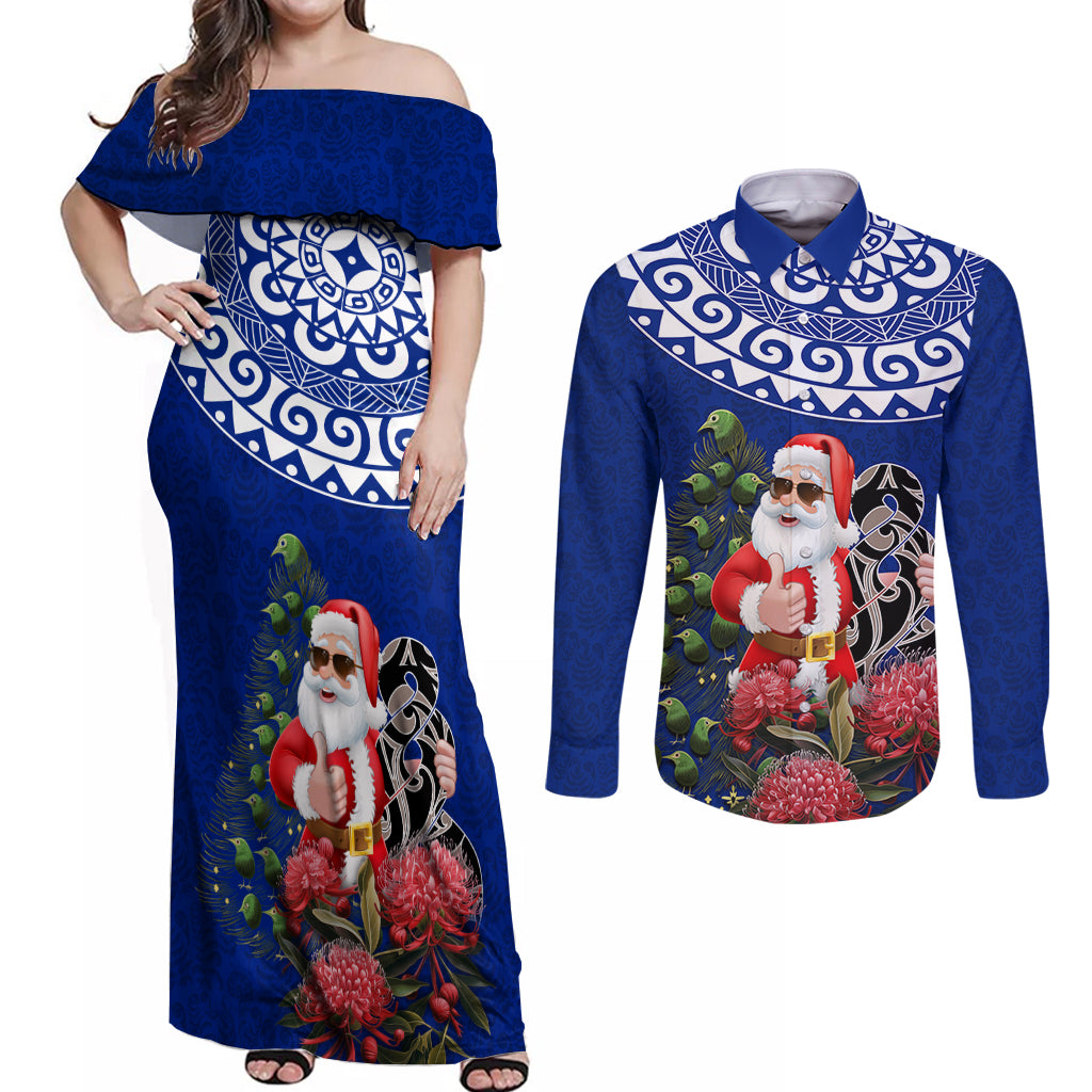 Personalized New Zealand Christmas Couples Matching Off Shoulder Maxi Dress and Long Sleeve Button Shirt Maori Santa Pikorua and Pohutukawa Meri Kirihimete Blue LT03 Blue - Polynesian Pride