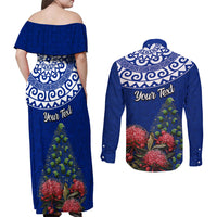Personalized New Zealand Christmas Couples Matching Off Shoulder Maxi Dress and Long Sleeve Button Shirt Maori Santa Pikorua and Pohutukawa Meri Kirihimete Blue LT03 - Polynesian Pride