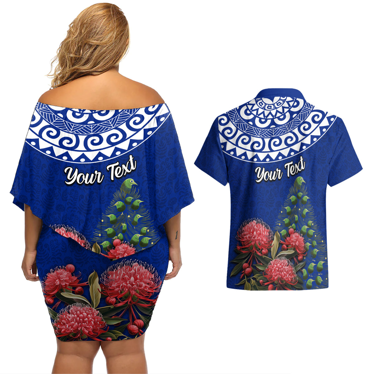 Personalized New Zealand Christmas Couples Matching Off Shoulder Short Dress and Hawaiian Shirt Maori Santa Pikorua and Pohutukawa Meri Kirihimete Blue LT03 - Polynesian Pride
