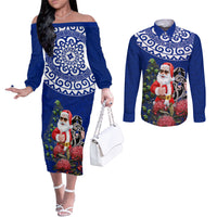 Personalized New Zealand Christmas Couples Matching Off The Shoulder Long Sleeve Dress and Long Sleeve Button Shirt Maori Santa Pikorua and Pohutukawa Meri Kirihimete Blue LT03 Blue - Polynesian Pride