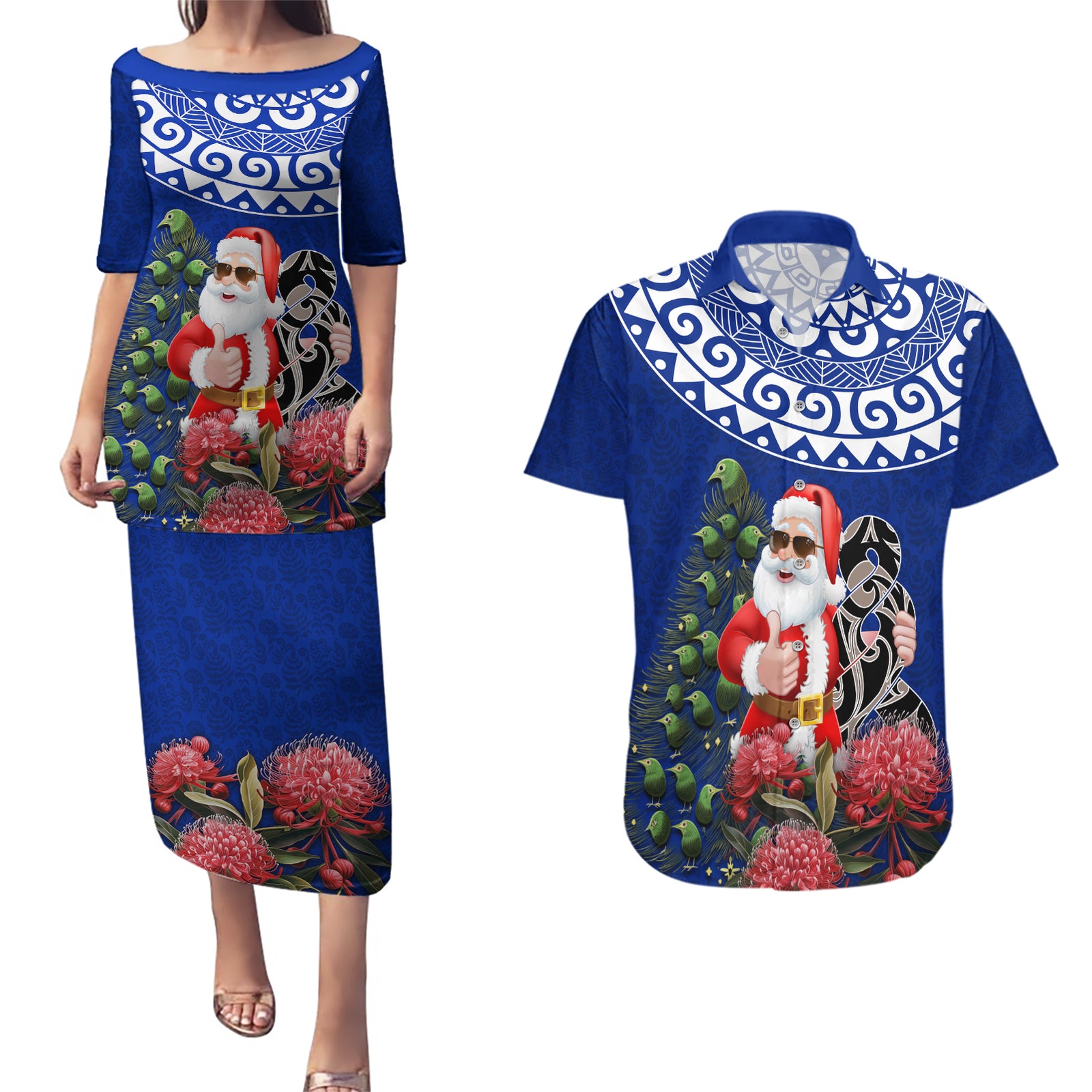 Personalized New Zealand Christmas Couples Matching Puletasi Dress and Hawaiian Shirt Maori Santa Pikorua and Pohutukawa Meri Kirihimete Blue LT03 Blue - Polynesian Pride