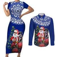 Personalized New Zealand Christmas Couples Matching Short Sleeve Bodycon Dress and Long Sleeve Button Shirt Maori Santa Pikorua and Pohutukawa Meri Kirihimete Blue LT03 Blue - Polynesian Pride