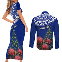 Personalized New Zealand Christmas Couples Matching Short Sleeve Bodycon Dress and Long Sleeve Button Shirt Maori Santa Pikorua and Pohutukawa Meri Kirihimete Blue LT03 - Polynesian Pride