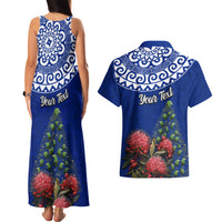 Personalized New Zealand Christmas Couples Matching Tank Maxi Dress and Hawaiian Shirt Maori Santa Pikorua and Pohutukawa Meri Kirihimete Blue LT03 - Polynesian Pride