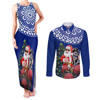 Personalized New Zealand Christmas Couples Matching Tank Maxi Dress and Long Sleeve Button Shirt Maori Santa Pikorua and Pohutukawa Meri Kirihimete Blue LT03 Blue - Polynesian Pride