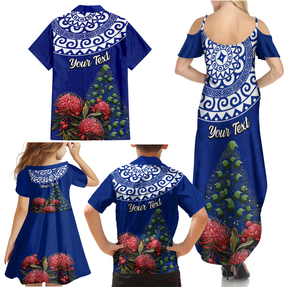 Personalized New Zealand Christmas Family Matching Summer Maxi Dress and Hawaiian Shirt Maori Santa Pikorua and Pohutukawa Meri Kirihimete Blue LT03 - Polynesian Pride