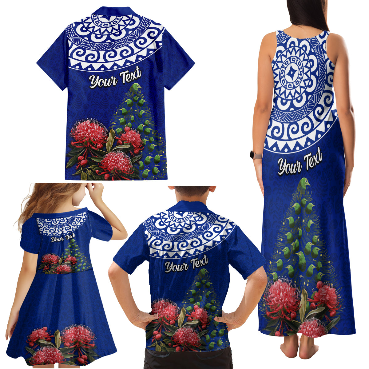 Personalized New Zealand Christmas Family Matching Tank Maxi Dress and Hawaiian Shirt Maori Santa Pikorua and Pohutukawa Meri Kirihimete Blue LT03 - Polynesian Pride