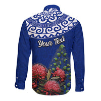 Personalized New Zealand Christmas Long Sleeve Button Shirt Maori Santa Pikorua and Pohutukawa Meri Kirihimete Blue LT03 - Polynesian Pride