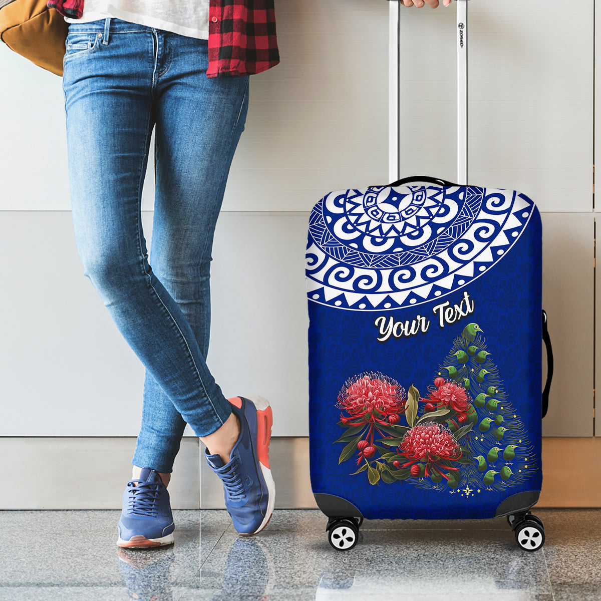 Personalized New Zealand Christmas Luggage Cover Maori Santa Pikorua and Pohutukawa Meri Kirihimete Blue LT03 - Polynesian Pride