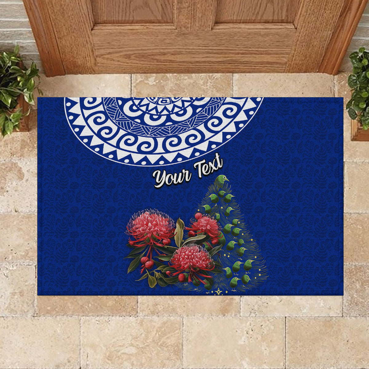 Personalized New Zealand Christmas Rubber Doormat Maori Santa Pikorua and Pohutukawa Meri Kirihimete Blue LT03 - Polynesian Pride