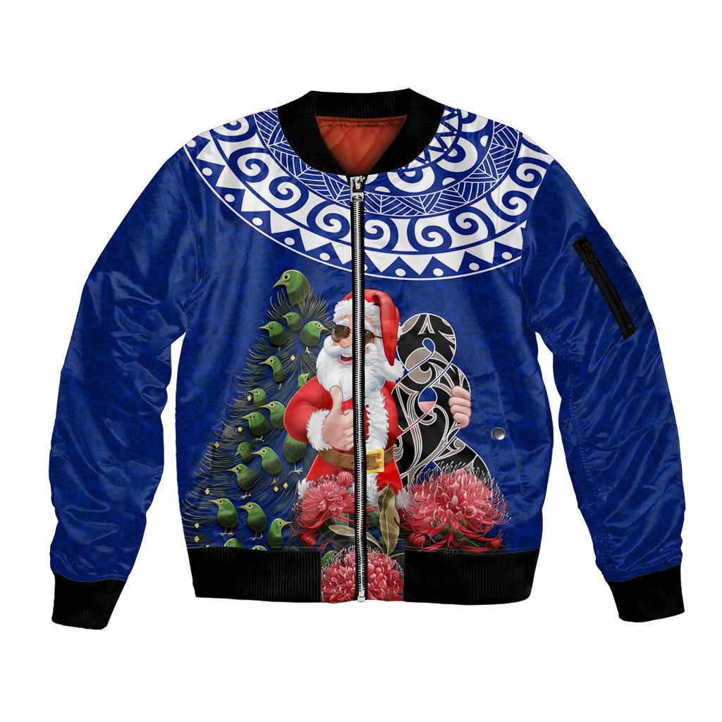 Personalized New Zealand Christmas Sleeve Zip Bomber Jacket Maori Santa Pikorua and Pohutukawa Meri Kirihimete Blue LT03 Unisex Blue - Polynesian Pride