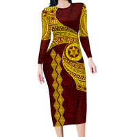 Tonga High School Family Matching Long Sleeve Bodycon Dress and Hawaiian Shirt Traditional Ngatu and Polynesian Pattern LT03 Mom's Dress Yellow - Polynesian Pride