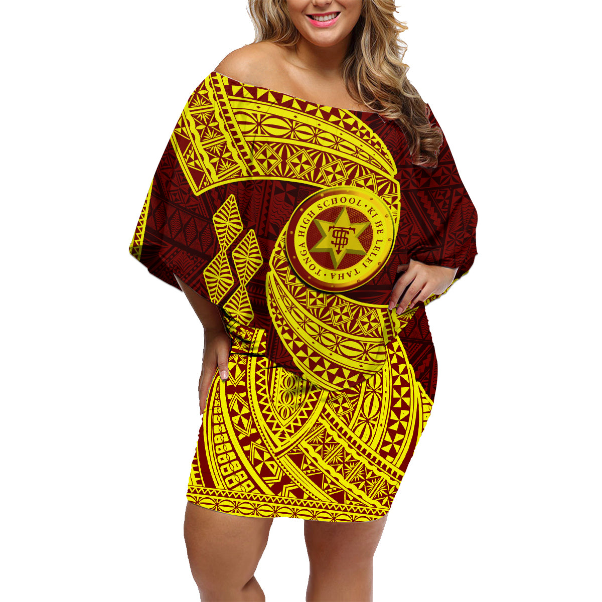 Tonga High School Family Matching Off Shoulder Short Dress and Hawaiian Shirt Traditional Ngatu and Polynesian Pattern LT03 Mom's Dress Yellow - Polynesian Pride