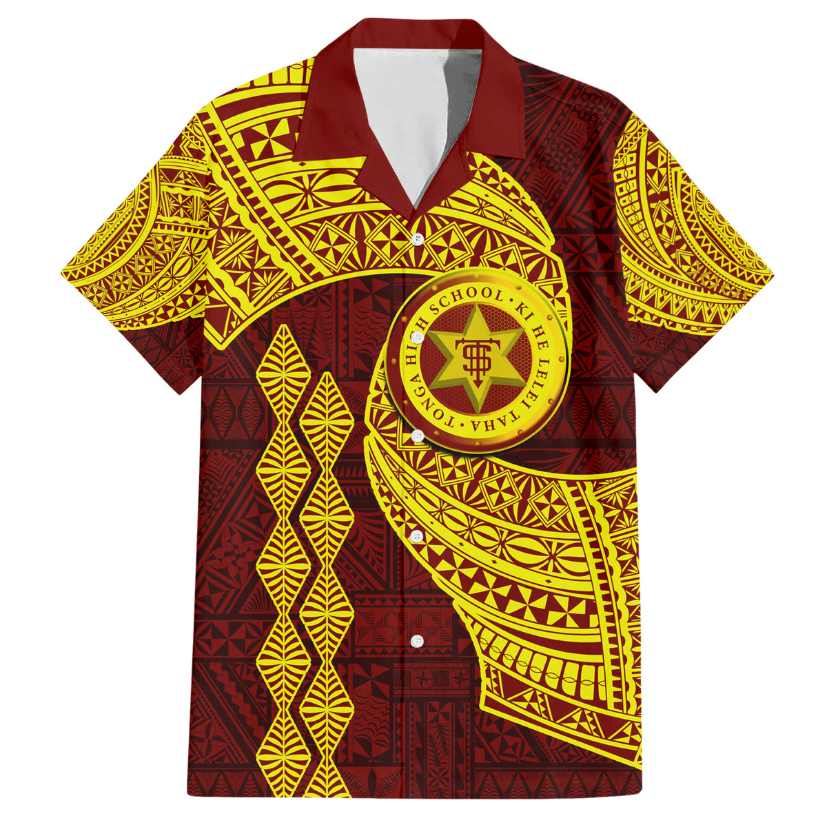 Tonga High School Family Matching Short Sleeve Bodycon Dress and Hawaiian Shirt Traditional Ngatu and Polynesian Pattern LT03 Dad's Shirt - Short Sleeve Yellow - Polynesian Pride