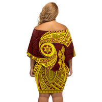 Tonga High School Off Shoulder Short Dress Traditional Ngatu and Polynesian Pattern LT03 - Polynesian Pride