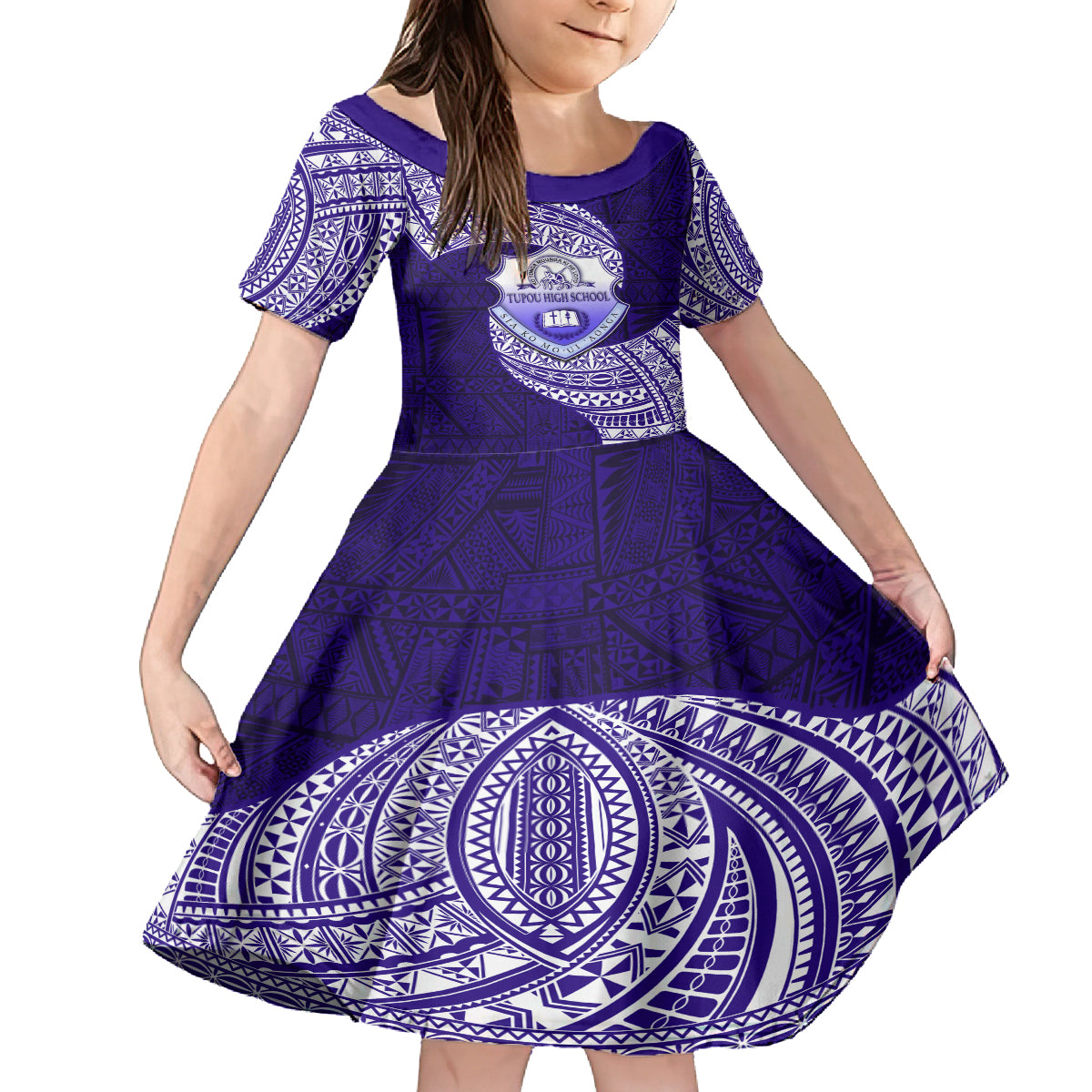 Tonga Tupou High School Family Matching Long Sleeve Bodycon Dress and Hawaiian Shirt Traditional Ngatu and Polynesian Pattern LT03 Daughter's Dress Blue - Polynesian Pride