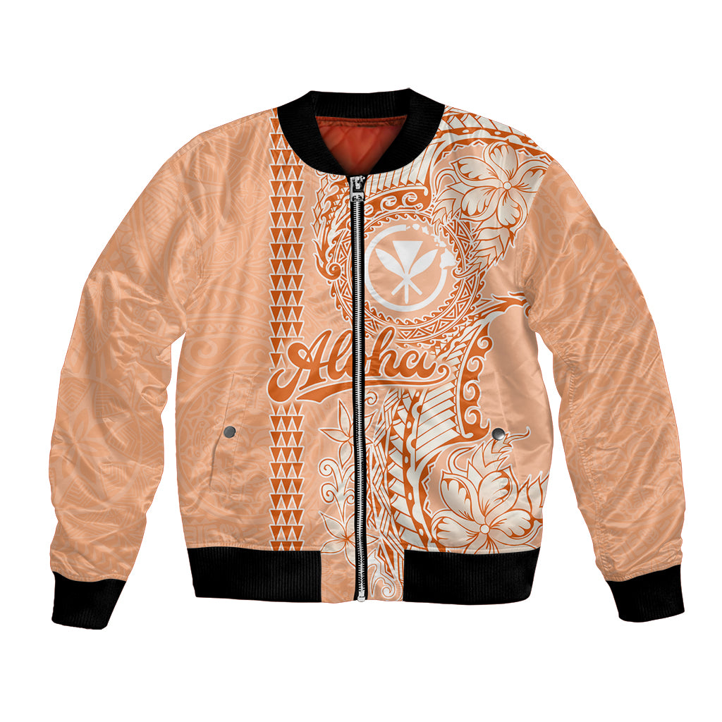 Kanaka Maoli Tropical Flowers with Kakau Tribal Bomber Jacket Peach Fuzz Color LT03 Unisex Peach Fuzz - Polynesian Pride