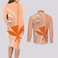 Kanaka Maoli Tropical Flowers with Kakau Tribal Couples Matching Long Sleeve Bodycon Dress and Long Sleeve Button Shirt Peach Fuzz Color LT03 - Polynesian Pride