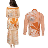 Kanaka Maoli Tropical Flowers with Kakau Tribal Couples Matching Puletasi Dress and Long Sleeve Button Shirt Peach Fuzz Color LT03 - Polynesian Pride