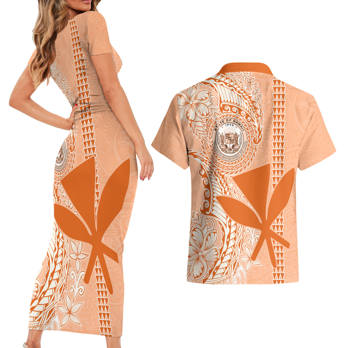 Kanaka Maoli Tropical Flowers with Kakau Tribal Couples Matching Short Sleeve Bodycon Dress and Hawaiian Shirt Peach Fuzz Color LT03 - Polynesian Pride