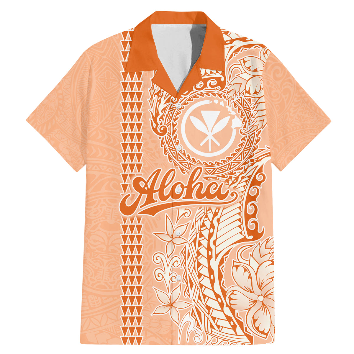 Kanaka Maoli Tropical Flowers with Kakau Tribal Family Matching Mermaid Dress and Hawaiian Shirt Peach Fuzz Color LT03 Dad's Shirt - Short Sleeve Peach Fuzz - Polynesian Pride